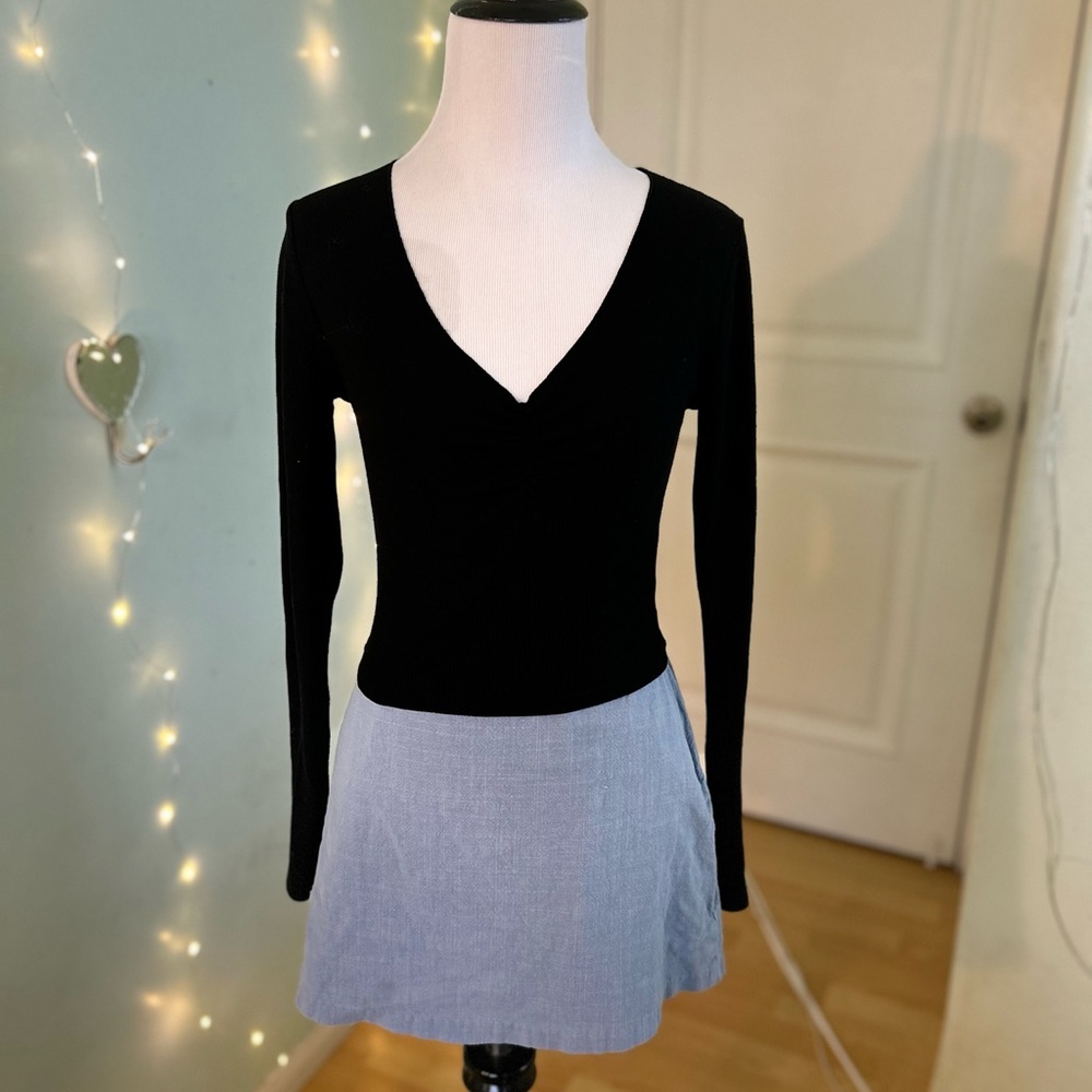 Wild Fable Black Waffle Knit Long Sleeve V Neck Tee